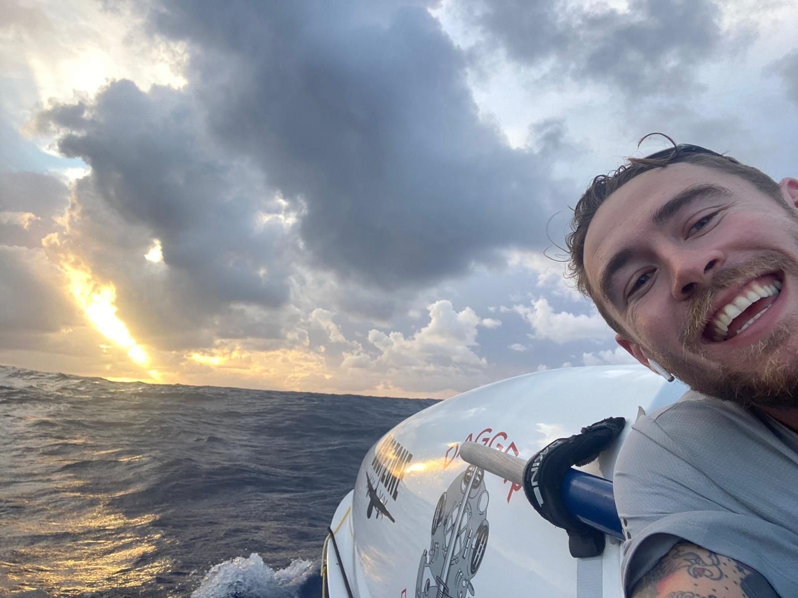 Jack Jarvis Dagger Diving Sponsorship Jack Jarvis selfie in a rowing boat with Dagger Diving logo.