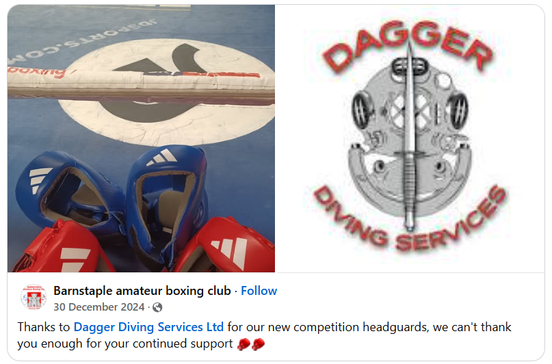 Barnstaple Boxing Club headguards A snaphot of a social media post thanking Dagger Diving for boxing equipment. The accompanying picture shows boxing headguards.